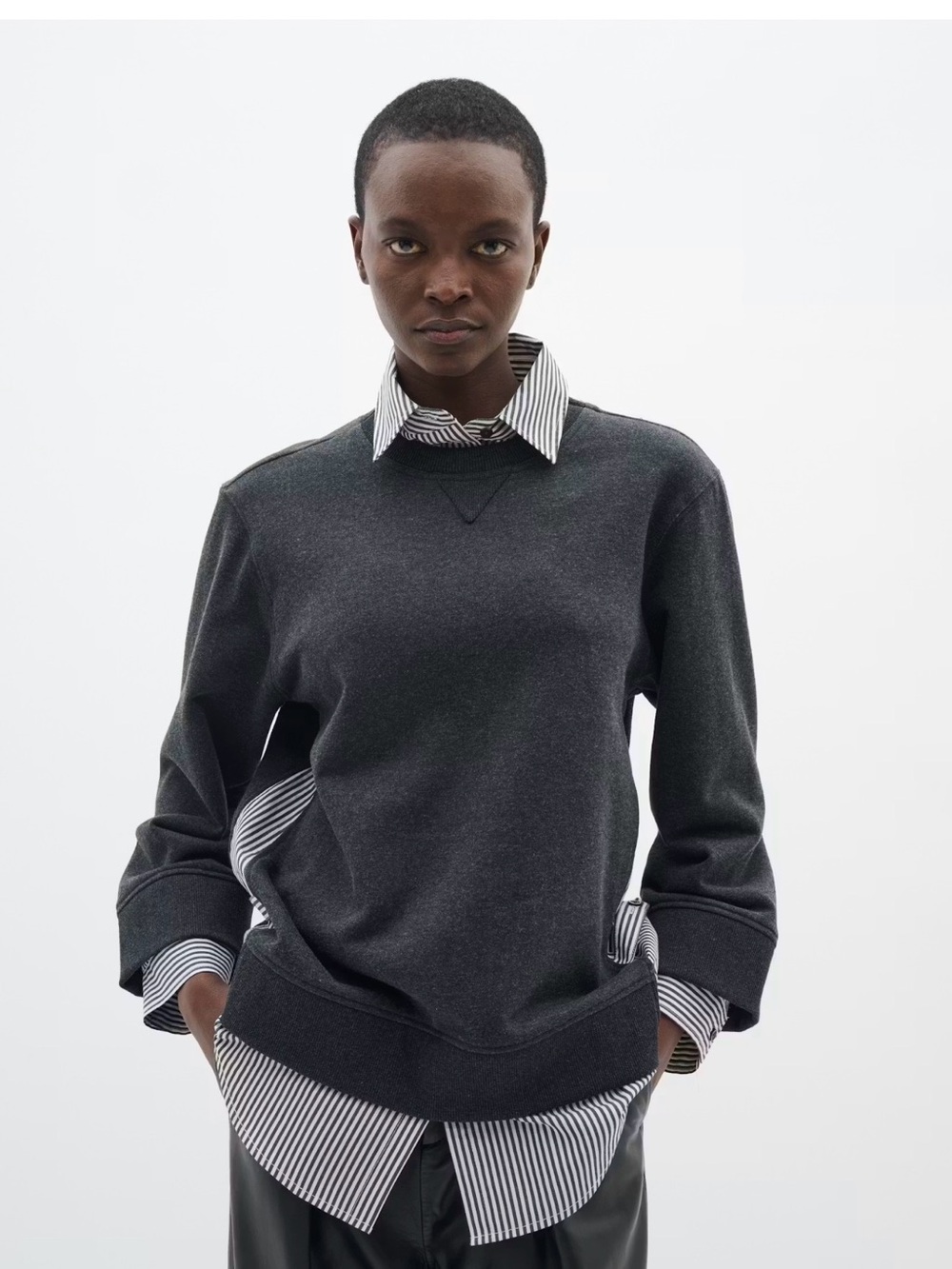 Inwear  Natalia Fooler Charcoal Layered Pullover with Striped Shirt Detail